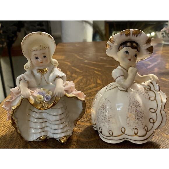 Two Lefton Porcelain Bloomer Ladies Victorian Ruffle Gold Trim Hats, Blue Pink - Picture 1 of 9